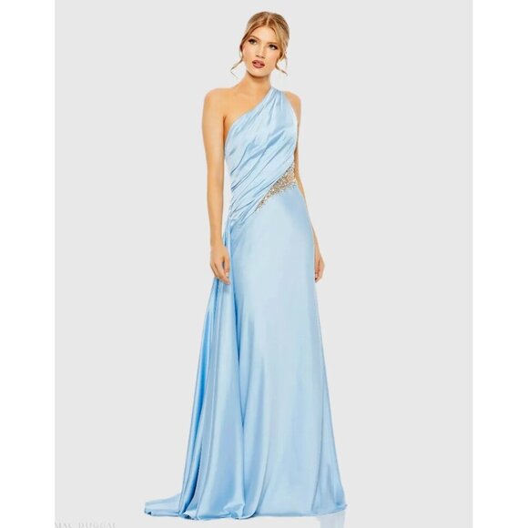 MAC DUGGAL One Shoulder Charmeuse Gown With Beaded Cutout in Powder Blue US 0 - Picture 11 of 13